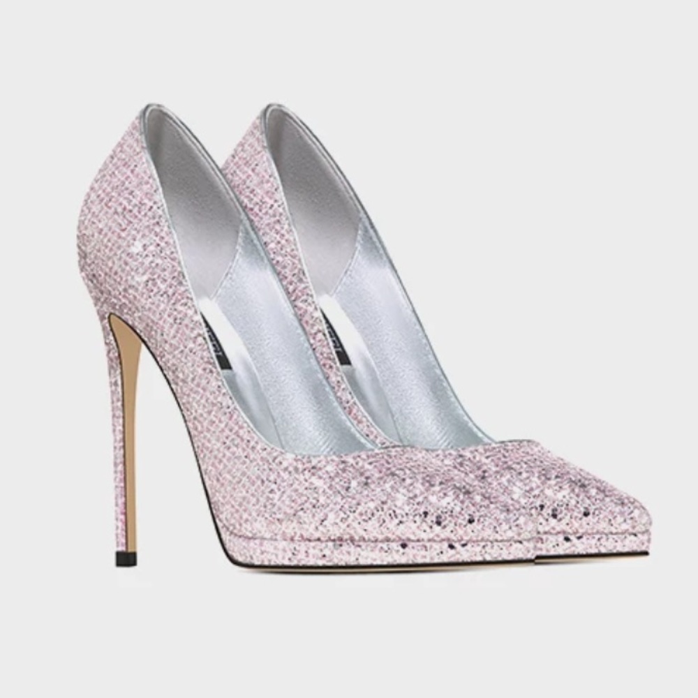 Pastel Pink Kawaii Glitter Sparkly Pointed Toe Heels Pumps Shoes